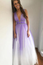 Load image into Gallery viewer, Ombre Open Back Deep V Neck Long Tulle Purple Backless Beading Prom Dresses RS77