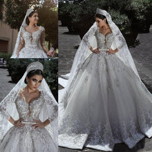 Load image into Gallery viewer, Sexy Ball Gown Sweetheart Long Sleeve Lace Appliques Tulle Long Wedding Dresses RS70