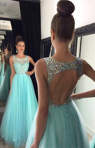 Light Blue Crystal Long A-Line Prom Dress Halter Prom Dress Open Back Prom Dress RS121