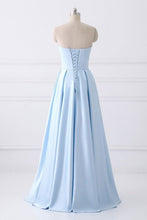 Load image into Gallery viewer, A-Line Blue Simple Satin Strapless Beaded Pockets Lace Up Back Long Sleeveless Prom Dresses RS309