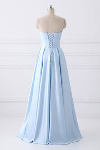 A-Line Blue Simple Satin Strapless Beaded Pockets Lace Up Back Long Sleeveless Prom Dresses RS309