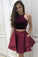 A-Line Two Pieces Scoop Short Satin Burgundy Halter Above Knee Homecoming Dress RS300
