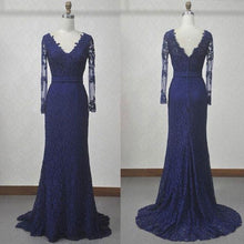 Load image into Gallery viewer, V-Neck Navy Blue Lace Mermaid Long Sleeves Open Back Floor-length Prom Dresses RS310