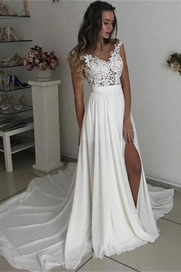 Formal Long Ivory Lace Chiffon Side Slit Cap Sleeve Cheap Beach Wedding Dresses RS107