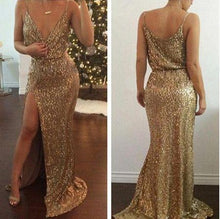 Load image into Gallery viewer, Sexy Mermaid Spaghetti Straps Slit Gold V Neck Sequins Long Sleeveless Prom Dresses RS50