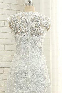 A Line V Neck Vintage High Low Capped Sleeves Lace Appliques Wedding Dresses RS332