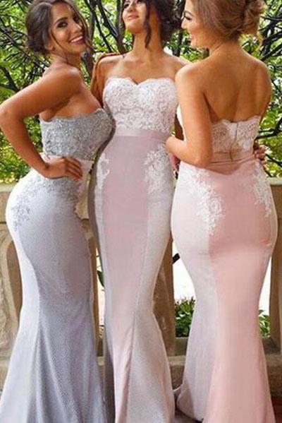 Lace Cheap Long Strapless Mermaid Appliques Backless Custom Bridesmaid Dresses RS257