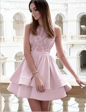 Load image into Gallery viewer, Pretty Bateau Short Blush Pink Scoop Satin Lace Appliques Homecoming Dresses RS16