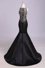 Load image into Gallery viewer, Sexy Black Mermaid Beads High Neck Satin Button Cheap Prom Dresses Party Dress RS173