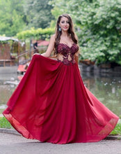 Load image into Gallery viewer, Sweetheart Appliques Beading Strapless Red A-Line Chiffon See-through Fashion Prom Dresses RS247
