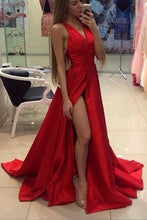 Load image into Gallery viewer, A-Line Red Simple With Slip Side Satin Chiffon Charming Deep V-Neck Sleeveless Prom Dresses RS250