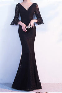 Elegant Black Lace Popular V-Neck Half Sleeve Sexy Mermaid Lace up Prom Dresses RS246