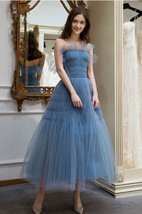 Elegant Strapless Tulle A Line Tea Length Prom Dresses with Pleats