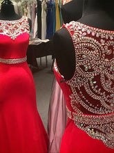 Load image into Gallery viewer, New Style Sparkle Red Beaded Bodice Long Lace Satin Mermaid Sexy Prom Dresses RS156