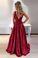 Load image into Gallery viewer, Simple A-Line Round Neck V-Back Maroon Satin Sleeveless Prom Dresses with Lace RS394