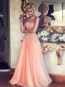 A-Line Strapless Lace Appliqued Floor-length Blush Pink Beaded Tulle Prom Dresses RS313