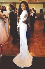 Load image into Gallery viewer, Open Back White Prom Dresses With Long Sleeves Tight Backless Royal Blue Prom Gown RS153