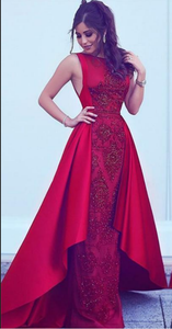 2024 Long New Style Red Scoop Sleeveless Mermaid Satin Beads Prom Dresses RS388