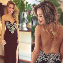 Load image into Gallery viewer, Sexy V-Neck Floor Length Long Backless Strapless Tulle with Slit Beading Prom Dresses RS195