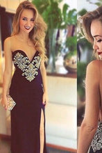 Load image into Gallery viewer, Sexy V-Neck Floor Length Long Backless Strapless Tulle with Slit Beading Prom Dresses RS195
