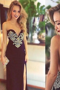 Sexy V-Neck Floor Length Long Backless Strapless Tulle with Slit Beading Prom Dresses RS195