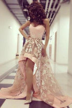 Load image into Gallery viewer, Charming Strapless Sweetheart Lace High Low Appliques A-line Tulle Prom Dresses RS128