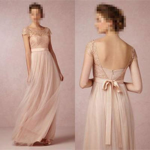 2024 Cap Sleeve A-Line Lace Chiffon Long Elegant Backless Bridesmaid Dress RS155