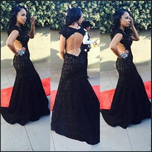 New Style High Neck Backless Lace Black Open Back Mermaid Cap Sleeve Evening Dresses RS05