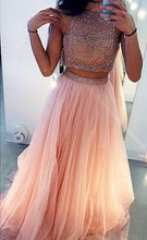 Load image into Gallery viewer, Charming A-Line Beading Two Pieces Long High Neck Tulle Floor-Length Prom Dresses RS216