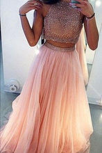 Load image into Gallery viewer, Charming A-Line Beading Two Pieces Long High Neck Tulle Floor-Length Prom Dresses RS216