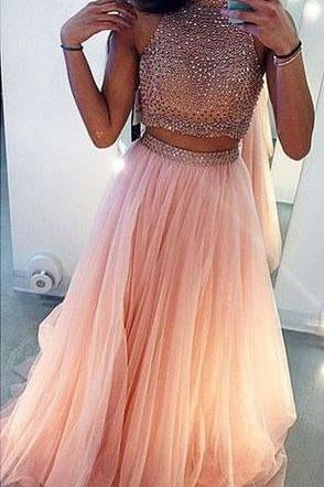 Charming A-Line Beading Two Pieces Long High Neck Tulle Floor-Length Prom Dresses RS216