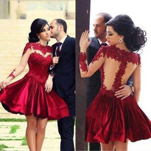 Load image into Gallery viewer, Short Ball Gown High Neckline with Long Sleeves Lace Dark Wine Red Backless Lace Prom Dress RS24