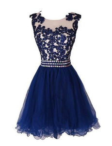 Navy Blue Lace Short Prom Dress With Waist Beads Royal Blue Mini Length Homecoming Dress RS891