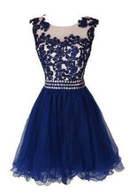 Load image into Gallery viewer, Navy Blue Lace Short Prom Dress With Waist Beads Royal Blue Mini Length Homecoming Dress RS891