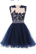 Load image into Gallery viewer, Navy Blue Lace Short Prom Dress With Waist Beads Royal Blue Mini Length Homecoming Dress RS891