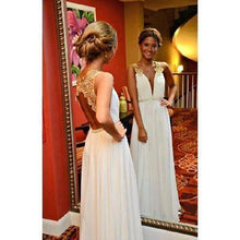 Load image into Gallery viewer, New Arrival Gold Lace Ivory Backless Long Open Back Deep V Neck Cheap Wedding Dresses RS996