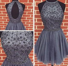 Load image into Gallery viewer, Sexy Backless Junior Short Open Back Halter Beads Tulle Gray Prom Dress Homecoming Dress RS956