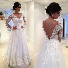 Load image into Gallery viewer, Long Sleeves White Lace Wedding Dresses V Neck Beach Wedding Dress Bridal Gowns RS243