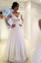 Load image into Gallery viewer, Long Sleeves White Lace Wedding Dresses V Neck Beach Wedding Dress Bridal Gowns RS243