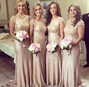 sparkle long champagne sequin bridesmaid dress lace sleeves bridesmaid dress RS717