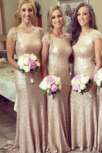 Load image into Gallery viewer, sparkle long champagne sequin bridesmaid dress lace sleeves bridesmaid dress RS717