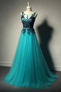 New Fashion Blue Tulle Formal Gown Lace Black Evening Gowns Tulle Formal Gown For Teens RS692
