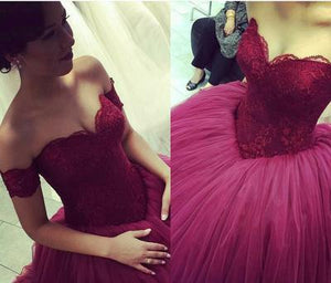 New Design Ball Gown Off the Shoulder Sweetheart Tulle Lace Sexy Prom Dresses RS143