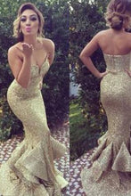 Load image into Gallery viewer, long gold sequin sparkle mermaid charming prom dress sweetheart prom dress 141509