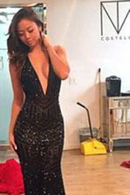 Load image into Gallery viewer, Black Mermaid Backless Sexy Long Open Back Sequins Deep V-Neck Halter Prom Dresses RS175