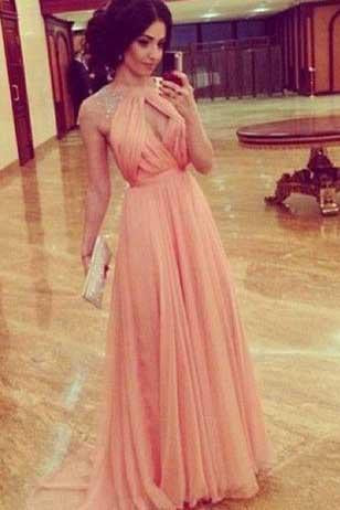Cheap A line Sleeveless High Neck Open Back Cap Sleeve Chiffon Coral Prom Dresses RS827