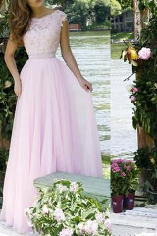 Pink Lace Bodice Prom Dresses Modest Long Evening Gowns For Formal Women Party Gown RS73