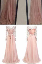 Load image into Gallery viewer, Long Sleeve Backless Long Sexy Lace Pink Beads A-Line Scoop Prom Dresses RS943