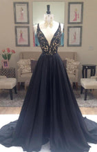Load image into Gallery viewer, New Arrival Deep V-Neck Lace Chiffon Elegant A-line Black Long Open Back Prom Dresses RS822