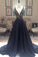 New Arrival Deep V-Neck Lace Chiffon Elegant A-line Black Long Open Back Prom Dresses RS822